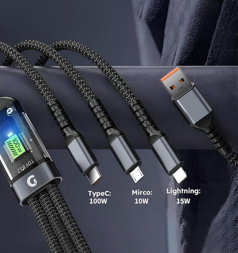 【Free Gift with Online Payment】Grenaro Universal 3 - in - 1 Data Cable (100W Fast Charging, LED Light).Free Gift with Pre - Payment & Coupon! (COD: Pay Full Price) - Grenaro