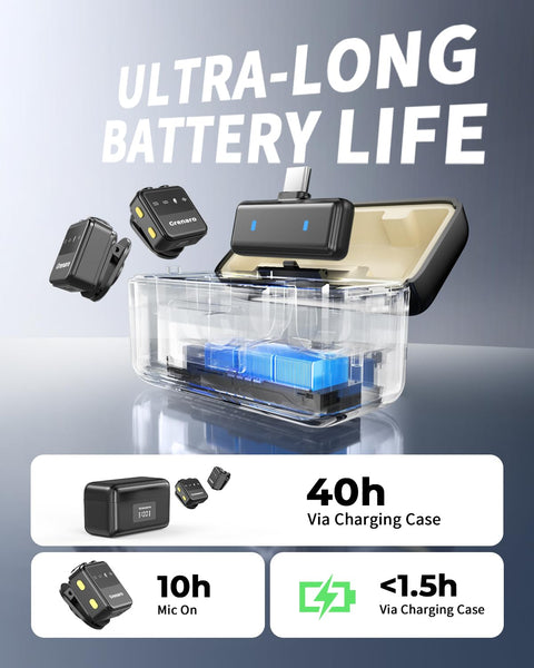 Grenaro P10 Wireless Mic For YouTuber With 40H Charging Case, 3 - Level Noise Reduction Mode, Reverberation Function, One - button Mute, Dual Microphones, Digital Display Function - Grenaro
